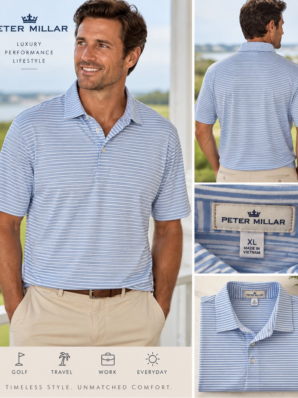 Peter Millar Light Blue and White Striped Polo